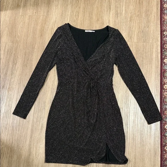Mi Ami Black Metallic Thread Wrap-Front Long Sleeve Dress L - Picture 1 of 5